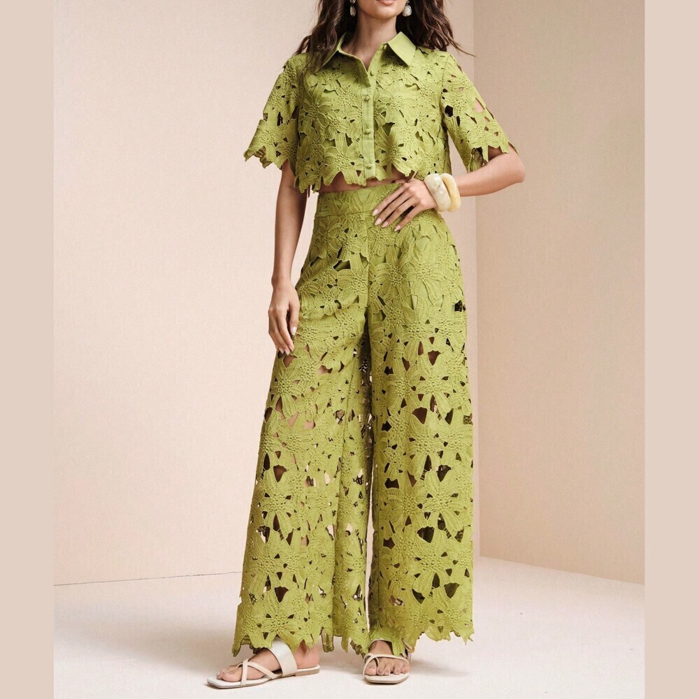 Olive Green Floral Lace Cropped Top & Wide-Leg Pants Set